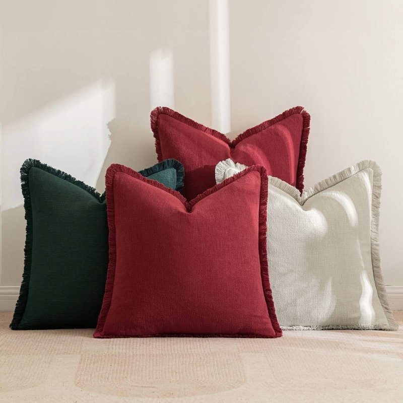 MIULEE Linen Pillow Covers 18x18 Inch Christmas Decorative Throw Pillows with Fringe Pack of 4 Soft Farmhouse Boho Couch Pillows Home Decors for Sofa Cushion Living Room Bed Dark Green and Burgundy - Miulee