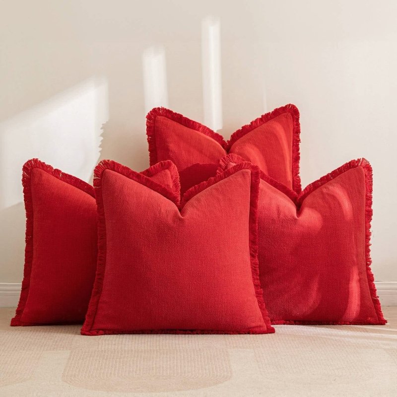 MIULEE Linen Pillow Covers 18x18 Inch Christmas Red Decorative Throw Pillows with Fringe Pack of 4 Soft Farmhouse Boho Couch Pillows Home Decors for Sofa Cushion Living Room Bed - Miulee