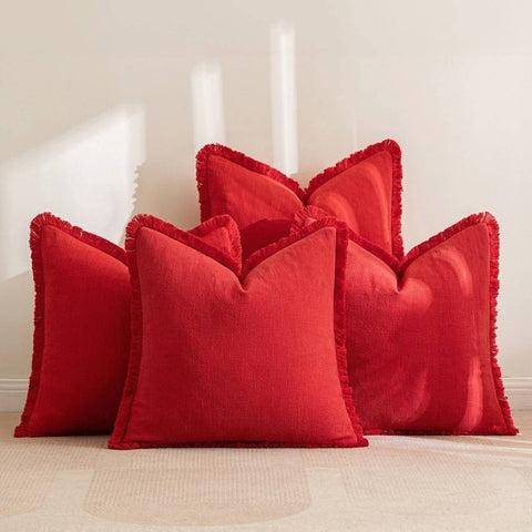 MIULEE Linen Pillow Covers 18x18 Inch Christmas Red Decorative Throw Pillows with Fringe Pack of 4 Soft Farmhouse Boho Couch Pillows Home Decors for Sofa Cushion Living Room Bed - Miulee