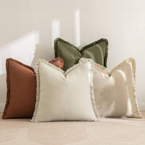 MIULEE Linen Pillow Covers 18x18 Inch Decorative Throw Pillows with Fringe Pack of 4 Soft Farmhouse Boho Couch Pillows Home Decors for Sofa Cushion Living Room Bed Beige Brick - Miulee