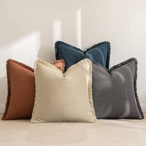 MIULEE Linen Pillow Covers 18x18 Inch Decorative Throw Pillows with Fringe Pack of 4 Soft Farmhouse Boho Couch Pillows Home Decors for Sofa Cushion Living Room Bed Navy Grey - Miulee