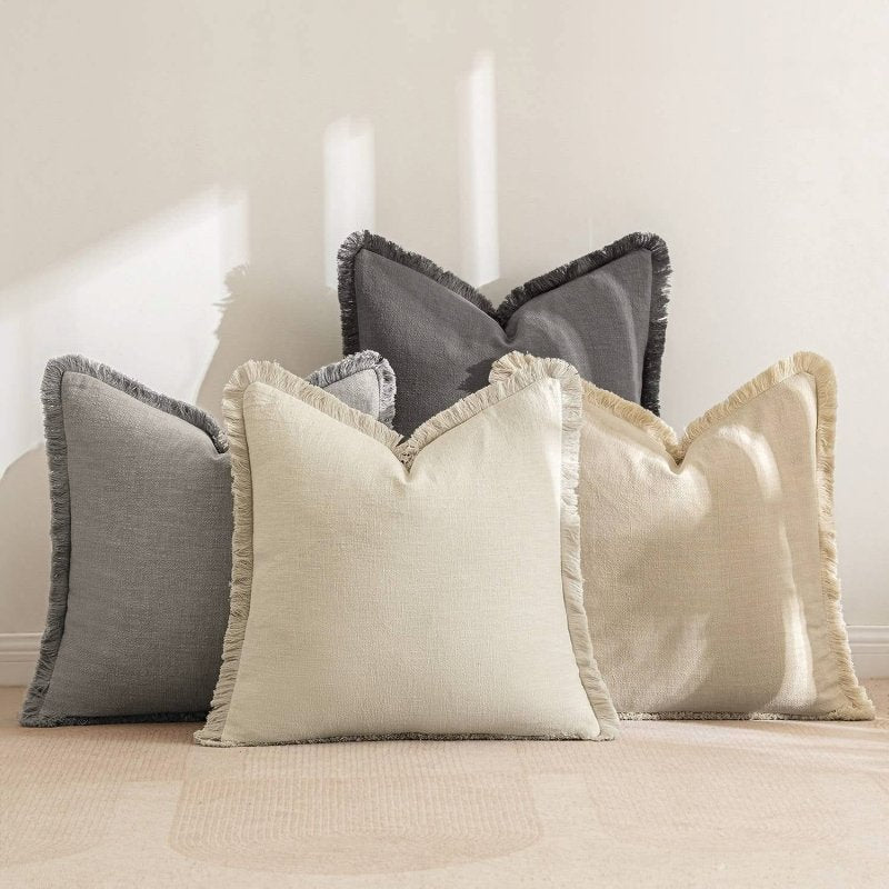 MIULEE Linen Pillow Covers 18x18 Inch Decorative Throw Pillows with Fringe Pack of 4 Soft Farmhouse Boho Couch Pillows Home Decors for Sofa Cushion Living Room Bed Beige Brick - Miulee