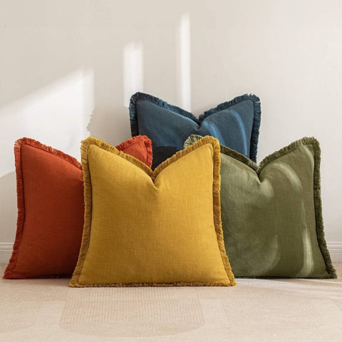 MIULEE Linen Pillow Covers 18x18 Inch Decorative Throw Pillows with Fringe Pack of 4 Soft Farmhouse Boho Couch Pillows Home Decors for Sofa Cushion Living Room Bed Rust Dark Blue - Miulee