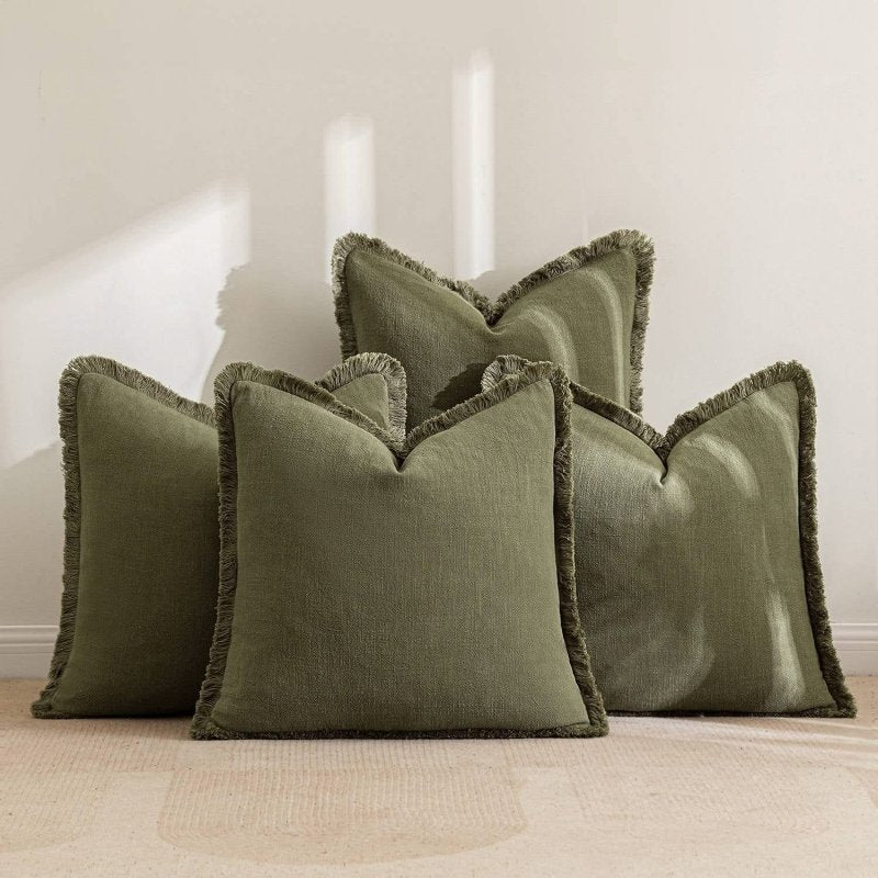 MIULEE Linen Pillow Covers 18x18 Inch Olive Green Decorative Throw Pillows with Fringe Pack of 4 Soft Farmhouse Boho Couch Pillows Home Decors for Sofa Cushion Living Room Bed - Miulee