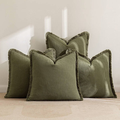 MIULEE Linen Pillow Covers 18x18 Inch Olive Green Decorative Throw Pillows with Fringe Pack of 4 Soft Farmhouse Boho Couch Pillows Home Decors for Sofa Cushion Living Room Bed - Miulee