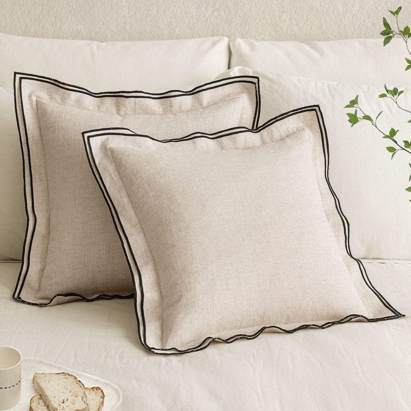 MIULEE Linen Pillow Covers 20x20 Inch Natural Beige Throw Pillow Covers Christmas Cozy Boho Farmhouse Cushion Covers Embroidered Borders for Couch Sofa Bedroom Living Room Home Decor - Miulee