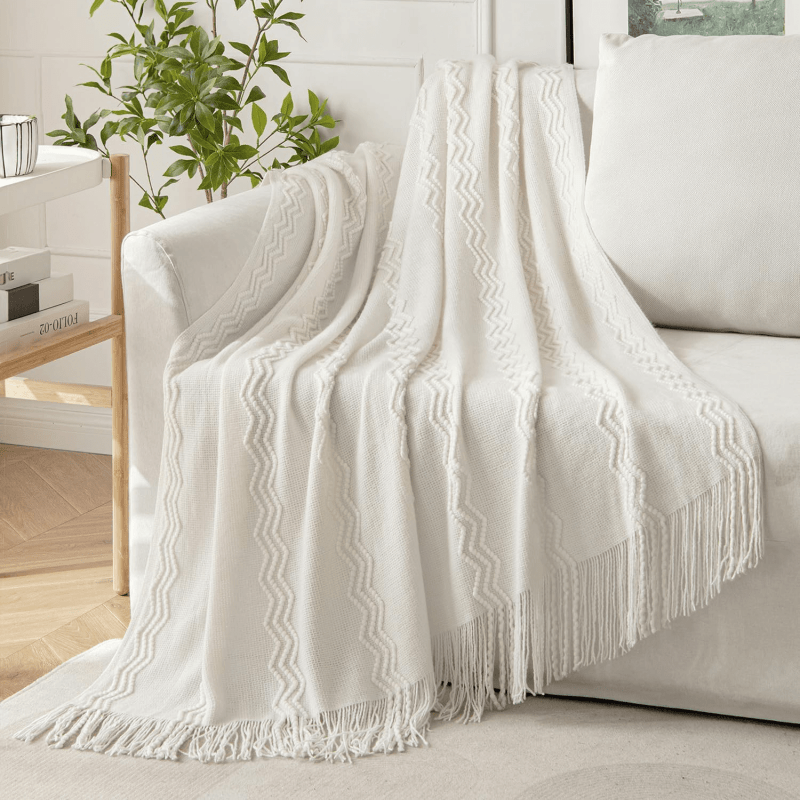 MIULEE Off White Knitted Throw Blanket for Couch Textured Knit Blanket with Tassels Cozy Woven Boho Bed Blanket for Sofa Bed Chair Acrylic Wave Pattern 50"x60" - Miulee