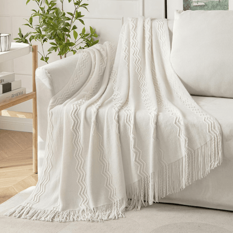 MIULEE Off White Knitted Throw Blanket for Couch Textured Knit