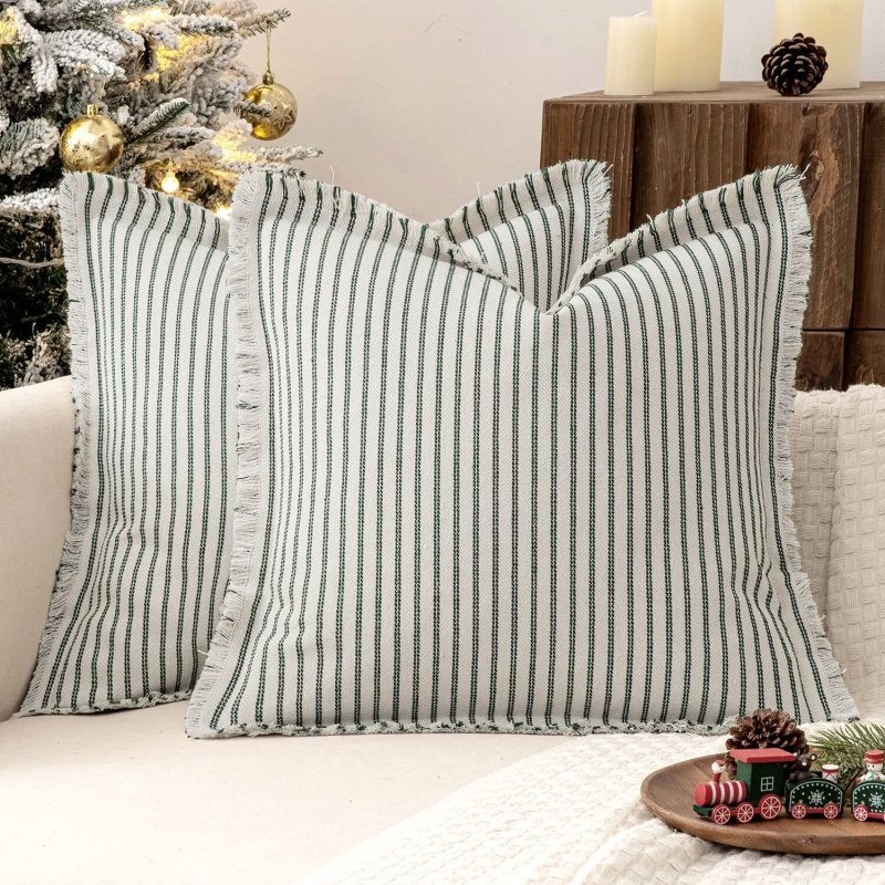MIULEE Pack of 2 Christmas Dark Green Pillow Covers 26x26 Inch Striped Farmhouse Couch Throw Pillow Covers with Fringe Chic Linen Decorative Cushion Covers for Sofa Living Room Bed Home Decor - Miulee
