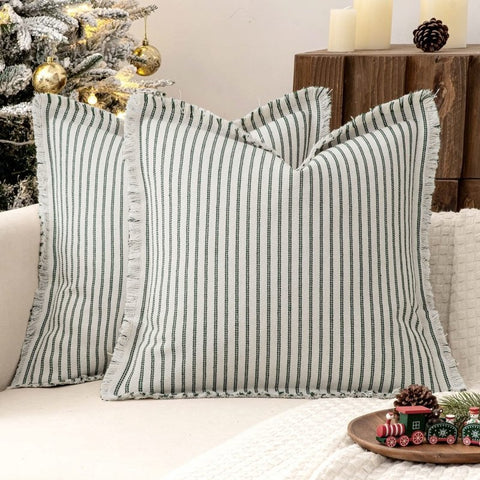 MIULEE Pack of 2 Christmas Dark Green Pillow Covers 26x26 Inch Striped Farmhouse Couch Throw Pillow Covers with Fringe Chic Linen Decorative Cushion Covers for Sofa Living Room Bed Home Decor - Miulee