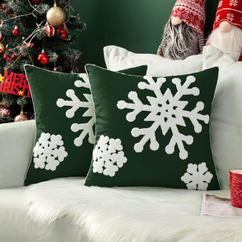 MIULEE Pack of 2 Christmas Decorative Snowflake Throw Pillow Covers Canvas Embroidery Cushion Cases Holiday Decor Soft Pillowcases for Couch Sofa Bedroom Car (Dark Green, 16x16in) - Miulee
