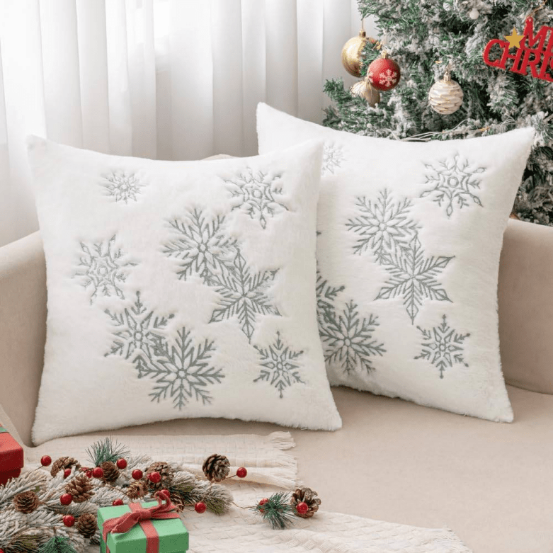 MIULEE Pack of 2 Christmas Decorative Throw Pillow Covers Soft Faux Fur Pillow Cases with Embroidery Snowflake Cute Pillowcases Holiday Decor for Couch Sofa Bedroom, 20 x 20 Inch, Grey - Miulee
