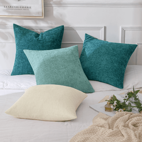 MIULEE Pack of 4 Throw Pillow Covers 18x18 Inch Soft Chenille Couch Pillow Covers for Sofa Living Room Solid Dyed Pillow Cases Teal Blue - White - Miulee