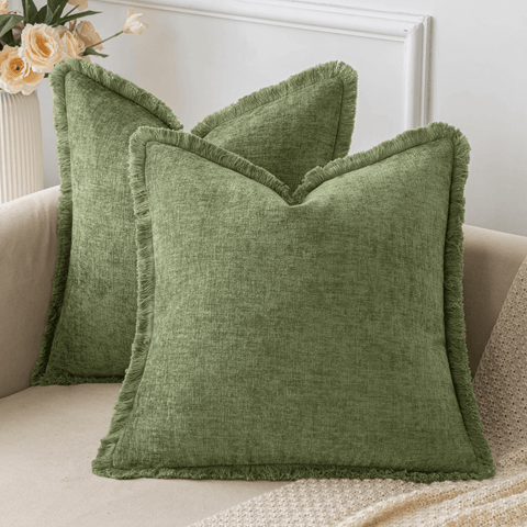 MIULEE Sage Green Throw Pillow Covers 18x18 Inch Pack of 2 Cozy Chenille Pillow Covers with Tassels Solid Dyed Decorative Throw Pillows for Couch Sofa Bed Living Room Boho Home Decor - Miulee