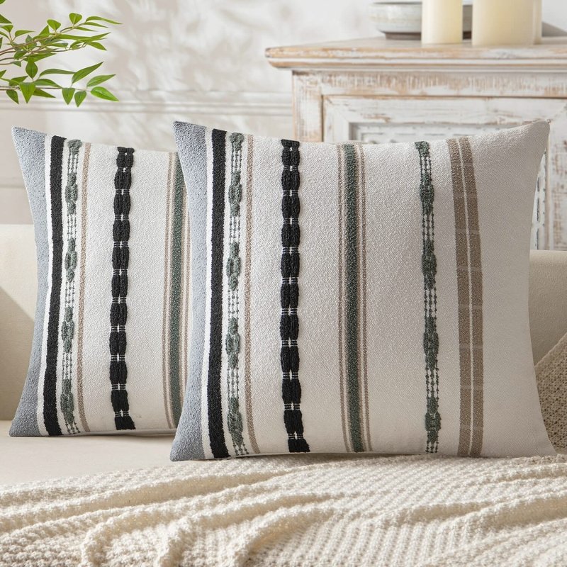 MIULEE Set of 2 Decorative Throw Pillow Covers Boho Farmhouse Cushion Covers Chenille Striped Pillow Covers Soft Accent Neutral Pillowcases for Sofa Couch Bed Home Decor,16x16 Inch,Khaki - Miulee
