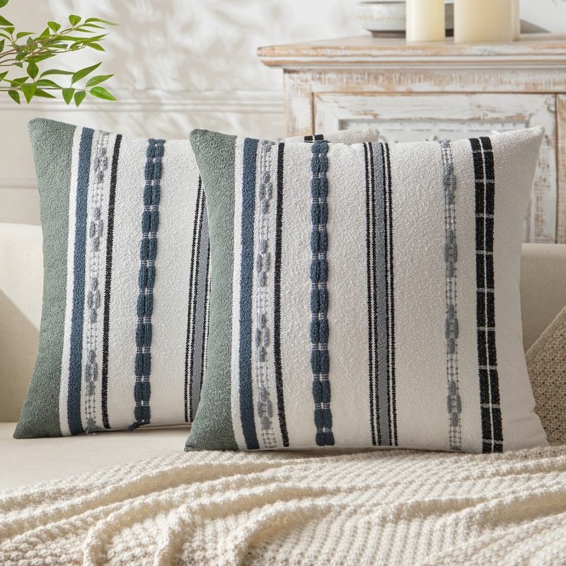 MIULEE Set of 2 Decorative Throw Pillow Covers Boho Farmhouse Cushion Covers Chenille Striped Pillow Covers Soft Accent Neutral Pillowcases for Sofa Couch Bed Home Decor,18x18 Inch,Black - Miulee