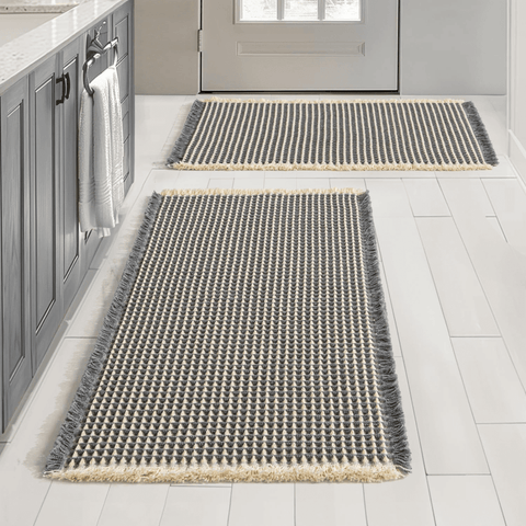 MIULEE Set of 2 Waffle Bath Mats Extra Soft Bathroom Rugs with Tassels, Super Absorbent Non Slip Bathroom Mats for Bathroom Floor, Machine Washable Shower Mats (Dark Grey & Yellow, 17x24 Inches) - Miulee