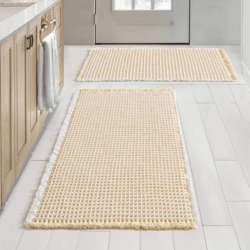MIULEE Set of 2 Waffle Bathroom Rugs, Boho Bath Rugs Non Slip Washable, Super Absorbent Bath Mats, Ultra Soft Rubber Backed Shower Mats for Bathroom Floor, Tub, Light Yellow & White, 17x24 Inch - Miulee