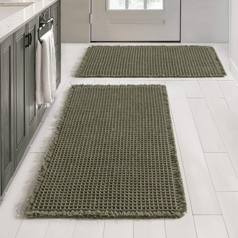 MIULEE Set of 2 Waffle Bathroom Rugs, Super Absorbent Non Slip Bath Rugs, Machine Washable Bath Mats with Tassels, Ultra Soft Rubber Backed Shower Mats for Bathroom Floor, Tub, Green, 17x24 Inch - Miulee