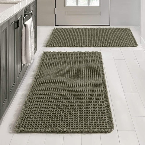 MIULEE Set of 2 Waffle Bathroom Rugs, Super Absorbent Non Slip Bath Rugs, Machine Washable Bath Mats with Tassels, Ultra Soft Rubber Backed Shower Mats for Bathroom Floor, Tub, Green, 17x24 Inch - Miulee
