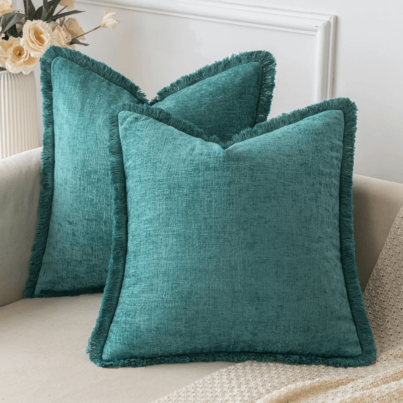 MIULEE Teal Throw Pillow Covers 18x18 Inch Pack of 2 Cozy Chenille Pillow Covers with Tassels Solid Dyed Decorative Throw Pillows for Couch Sofa Bed Living Room Boho Home Decor - Miulee