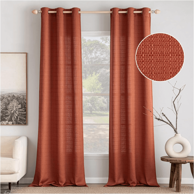 MIULEE Terracotta Faux Linen Textured Curtains 84 Inch Length 2 Panels Set for Living Room Bedroom Farmhouse Burlap Fall Semi Sheer Grommet Top Light Filtering Window Drapes, W37xL84, Burnt Orange - Miulee