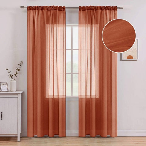 MIULEE Terracotta Linen Textured Sheer Curtains 2 Panels for Bedroom/Living Room Semi Transparent Voile Drapes Rust Boho Farmhouse Fall Decor Window Panels Rod Pocket, W 54 x L 84 Inches Long - Miulee