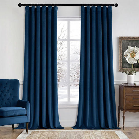 MIULEE Velvet Curtains 108 Inch Length 2 Panels Set for Bedroom, Pinch Pleat Back Tab Luxury Thermal Insulated Living Room Darkening Pleated Blackout Extra Long Window Curtain with Hooks, Navy Blue - Miulee