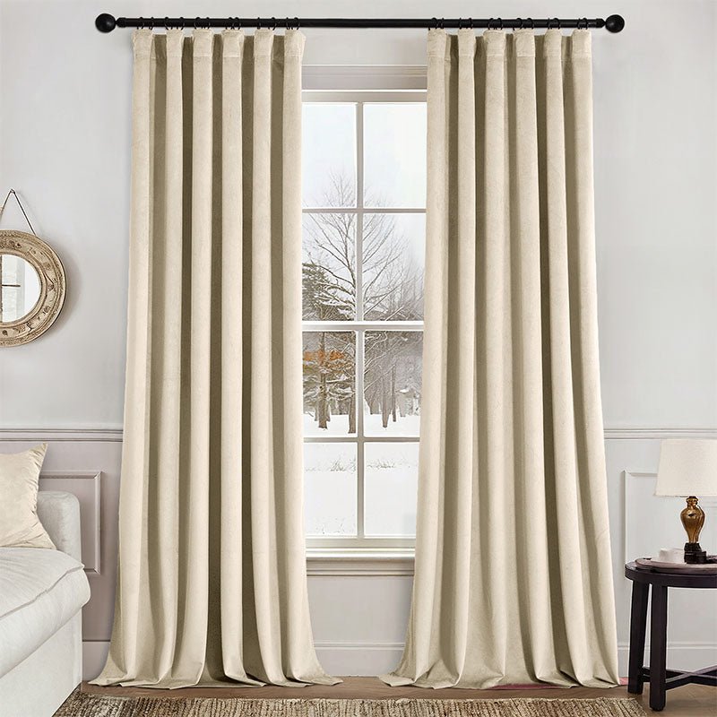 MIULEE Velvet Curtains 108 Inch Length 2 Panels Set for Bedroom, Pinch Pleat Back Tab Luxury Thermal Insulated Living Room Darkening Pleated Blackout Extra Long Window Curtain with Hooks, Beige - Miulee