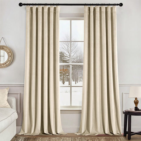 MIULEE Velvet Curtains 108 Inch Length 2 Panels Set for Bedroom, Pinch Pleat Back Tab Luxury Thermal Insulated Living Room Darkening Pleated Blackout Extra Long Window Curtain with Hooks, Beige - Miulee