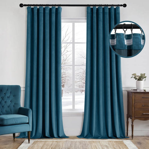 MIULEE Velvet Curtains 90 Inches Long 2 Panels Set for Bedroom, Pinch Pleat Back Tab Luxury Thermal Insulated Living Room Darkening Drapes Pleated Blackout Window Curtains with Hooks, Peacock Blue - Miulee