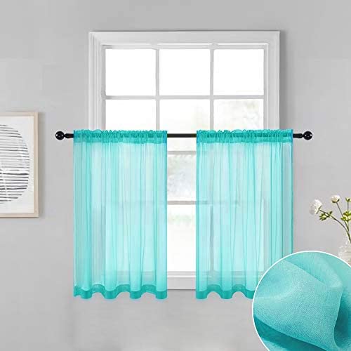 MIULEE Sheer Tiers Short Kitchen Curtains, Linen Textured Semi Sheer Voile Drapes for Small Half Window 2 Panels