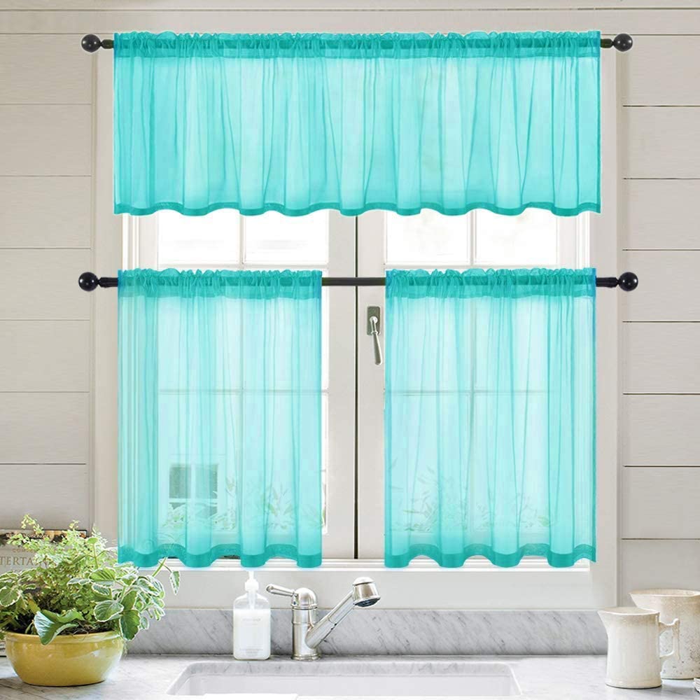 MIULEE Sheer Tiers Short Kitchen Curtains, Linen Textured Semi Sheer Voile Drapes for Small Half Window 2 Panels