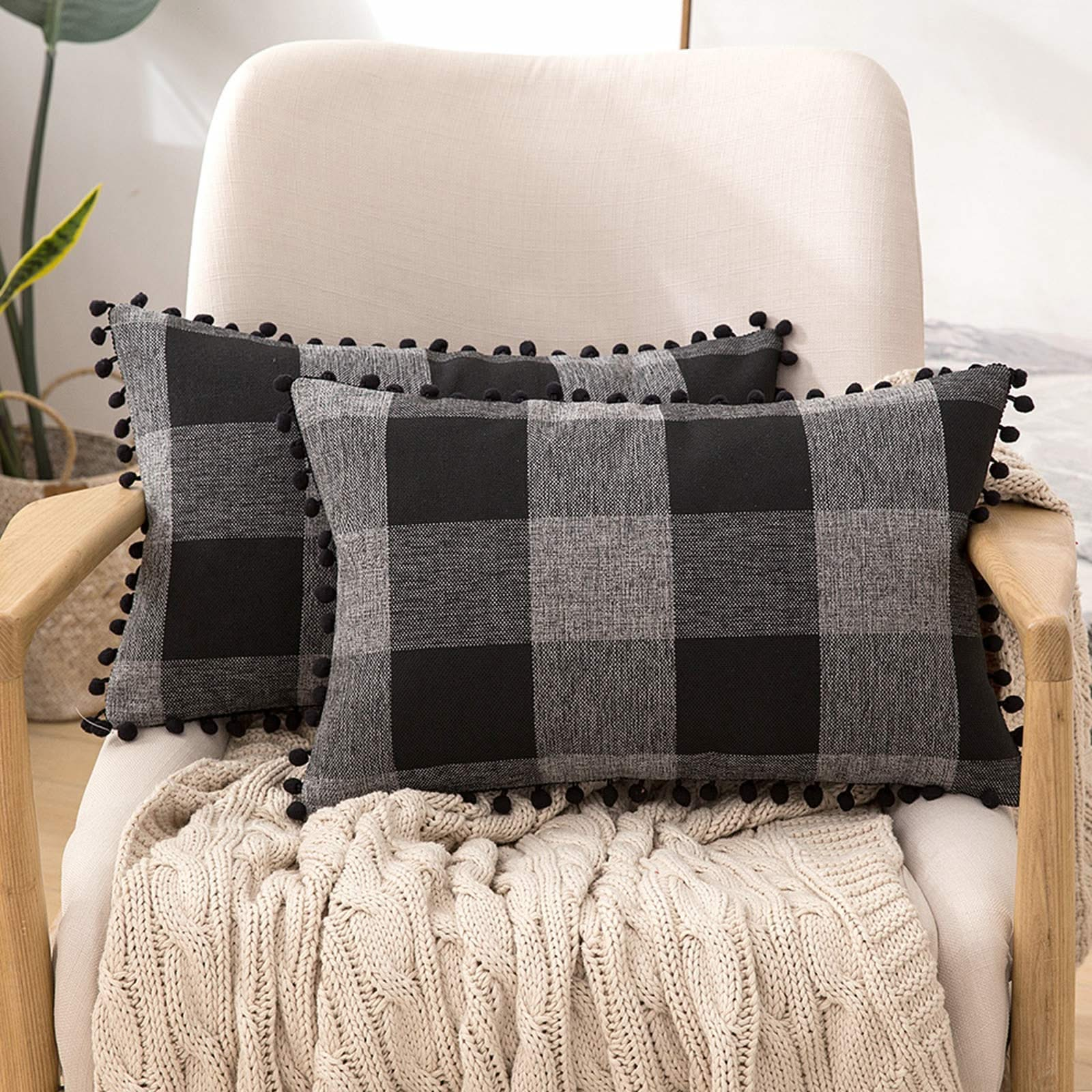 Miulee Retro Farmhouse Buffalo Plaid Check Pillow Cases with Pom Poms Decorative Throw Pillow Covers Cushion Case 2 Pack.