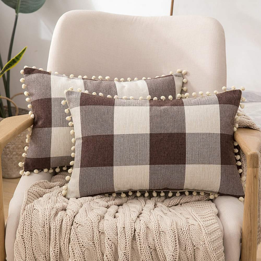 Miulee Retro Farmhouse Buffalo Plaid Check Pillow Cases with Pom Poms Decorative Throw Pillow Covers Cushion Case 2 Pack.