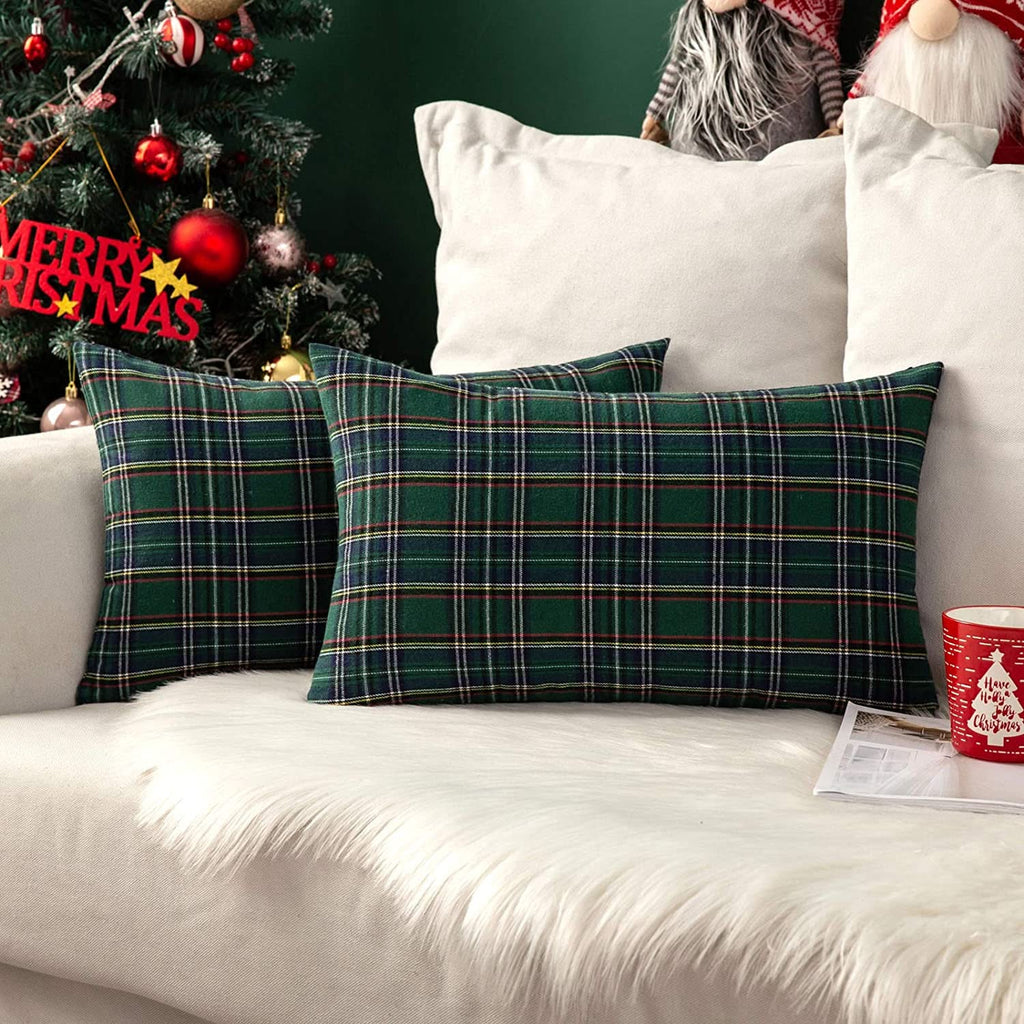 Green plaid throw on sale pillows