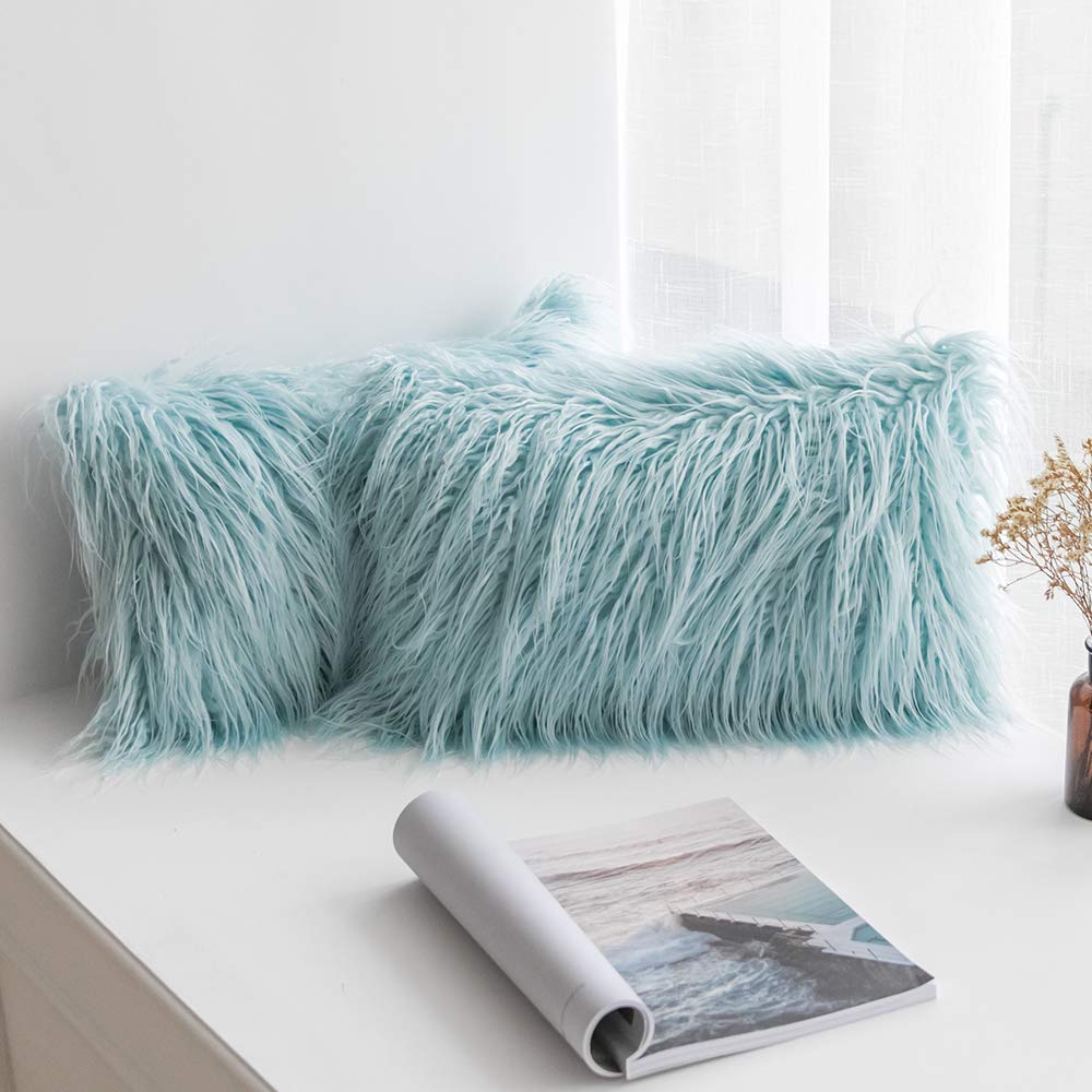 Light blue cheap faux fur pillow