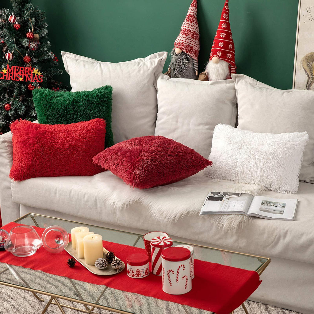 Miulee Burgundy Christmas Decoration Luxury Faux Fur Throw Pillow
