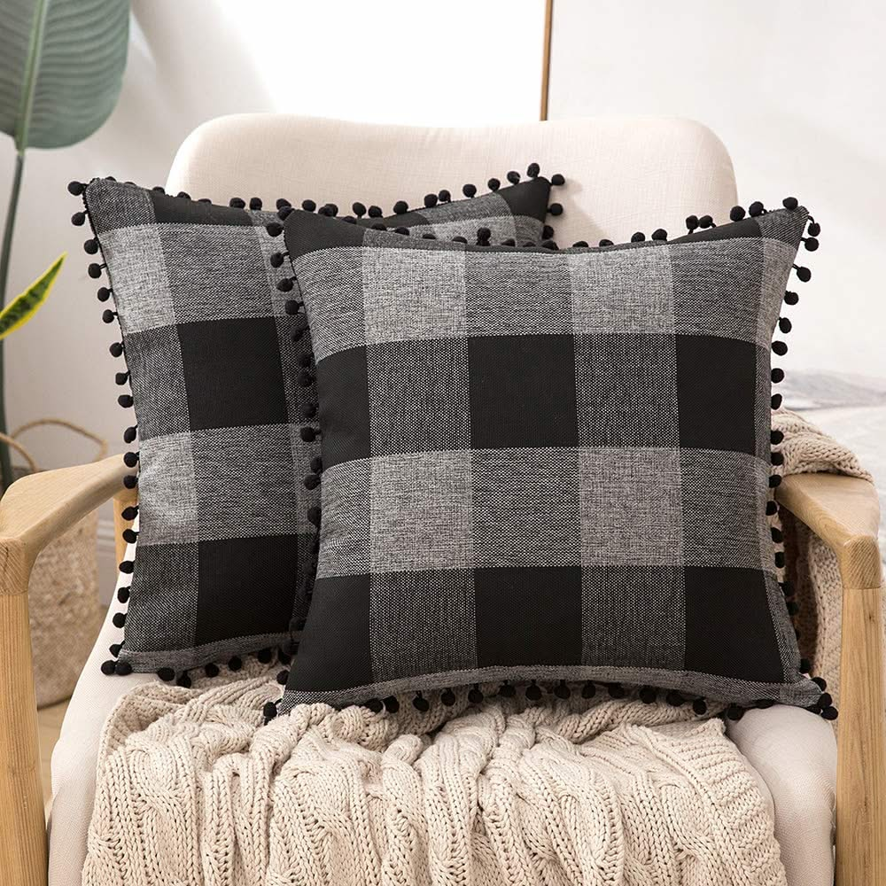 Miulee Retro Farmhouse Buffalo Plaid Check Pillow Cases with Pom Poms Decorative Throw Pillow Covers Cushion Case 2 Pack.