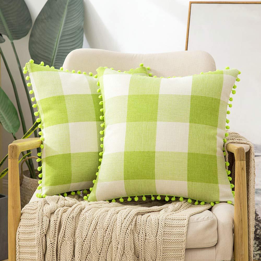 Green Throw Pillow Covers Farmhouse Polylester Linen Buffalo Plaid