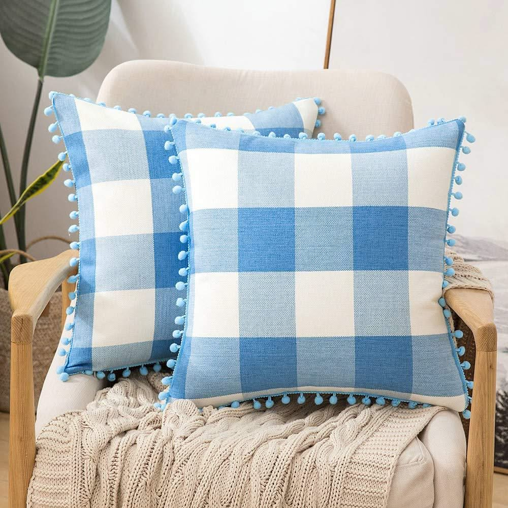 Miulee Retro Farmhouse Buffalo Plaid Check Pillow Cases with Pom Poms Decorative Throw Pillow Covers Cushion Case 2 Pack.