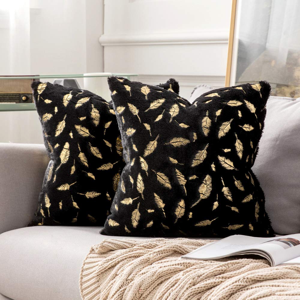 MIULEE Pack of 2 Decorative Throw Pillow Covers Plush Faux Fur with Gold  Feather