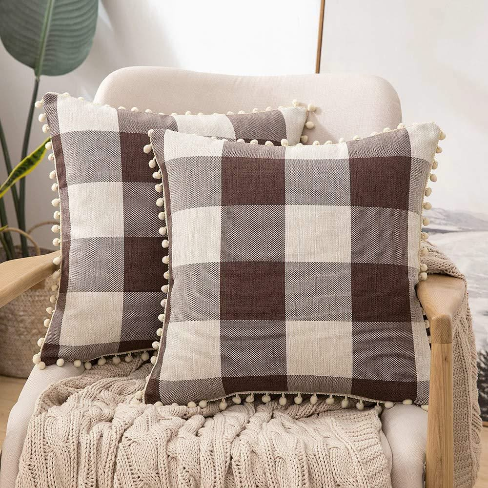 Miulee Brown Retro Farmhouse Buffalo Plaid Check Pillow Cases with Pom Poms 2 Pack