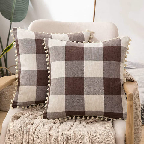 Miulee Retro Farmhouse Buffalo Plaid Check Pillow Cases with Pom Poms Decorative Throw Pillow Covers Cushion Case 2 Pack.