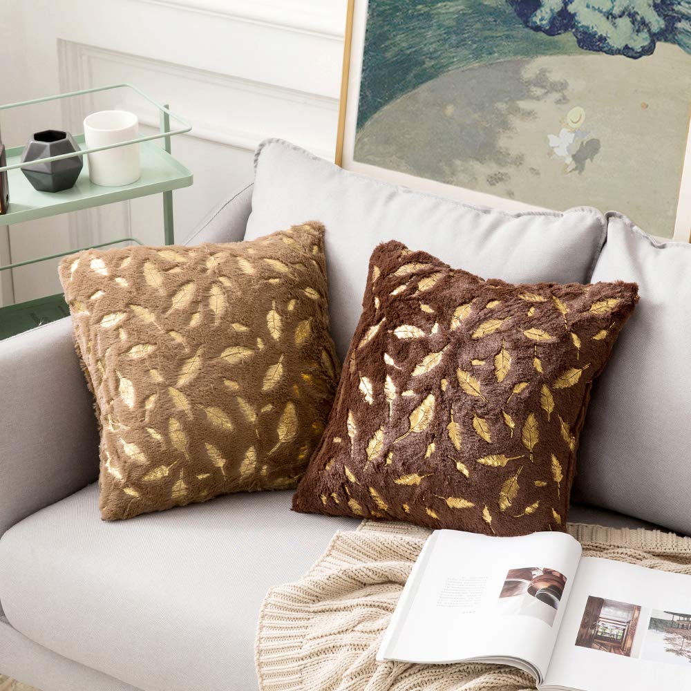 MIULEE Pack of 2 Decorative Throw Pillow Covers Plush Faux Fur with Gold  Feather