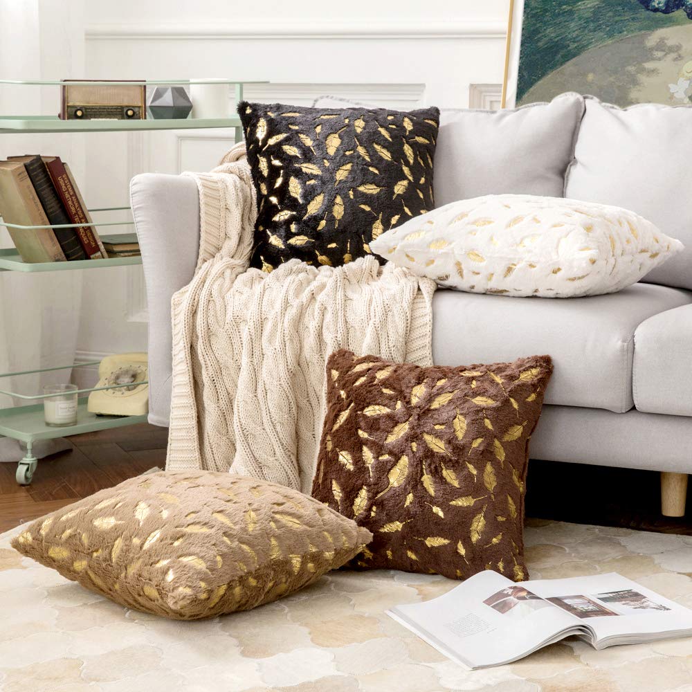 MIULEE Pack of 2 Decorative Throw Pillow Covers Plush Faux Fur with Gold  Feather