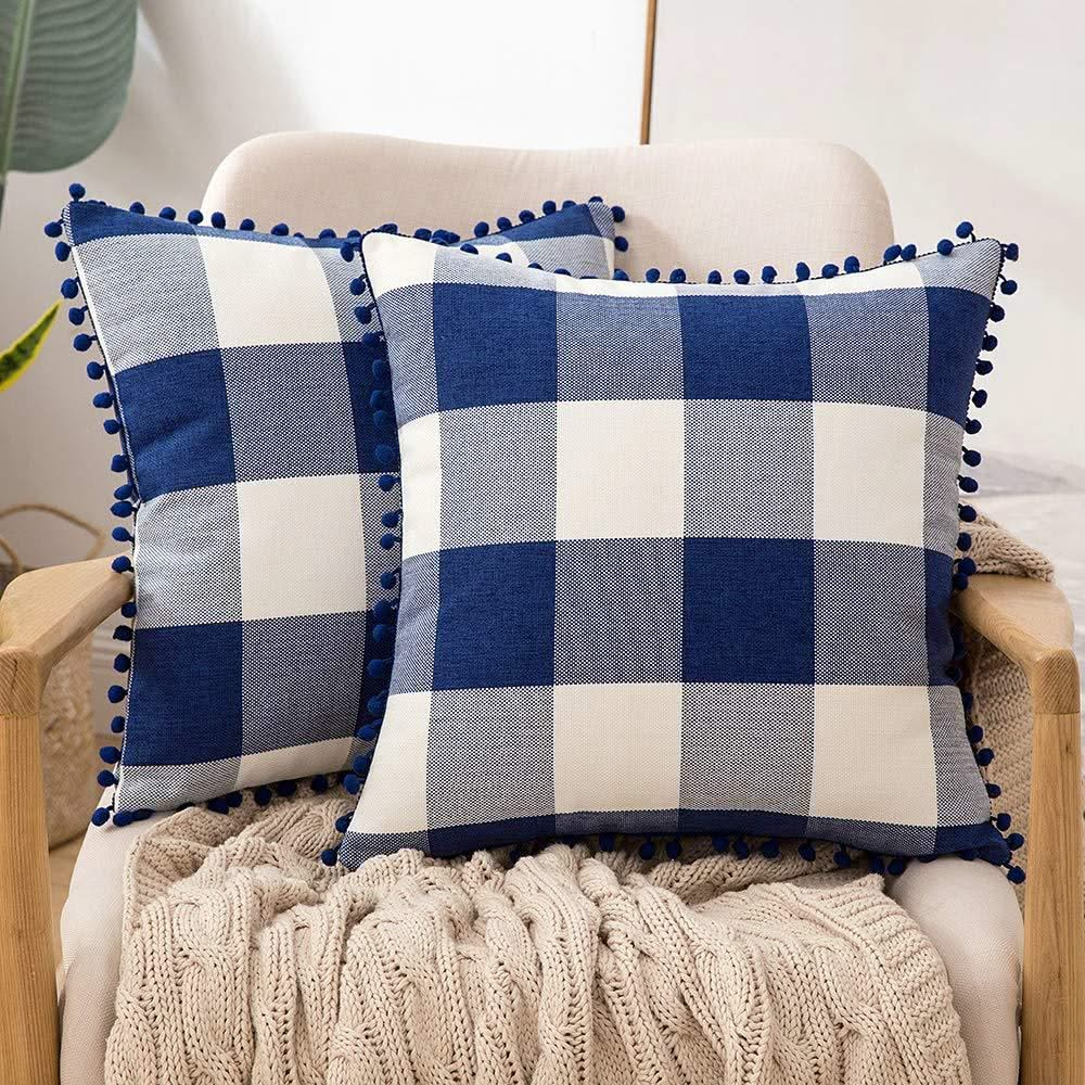 Miulee Retro Farmhouse Buffalo Plaid Check Pillow Cases with Pom Poms Decorative Throw Pillow Covers Cushion Case 2 Pack.