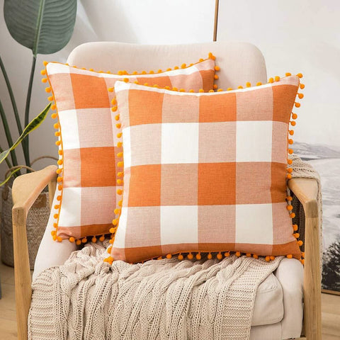 Miulee Retro Farmhouse Buffalo Plaid Check Pillow Cases with Pom Poms Decorative Throw Pillow Covers Cushion Case 2 Pack.