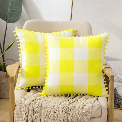 Miulee Retro Farmhouse Buffalo Plaid Check Pillow Cases with Pom Poms Decorative Throw Pillow Covers Cushion Case 2 Pack.