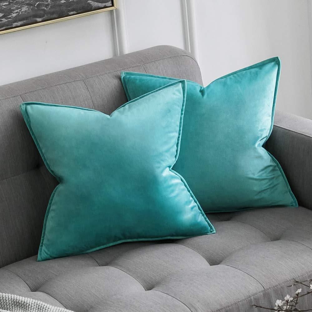 Miulee Aqua Green Decorative Velvet Throw Pillow Cover Soft Soild Square Flanged Cushion Case 2 Pack
